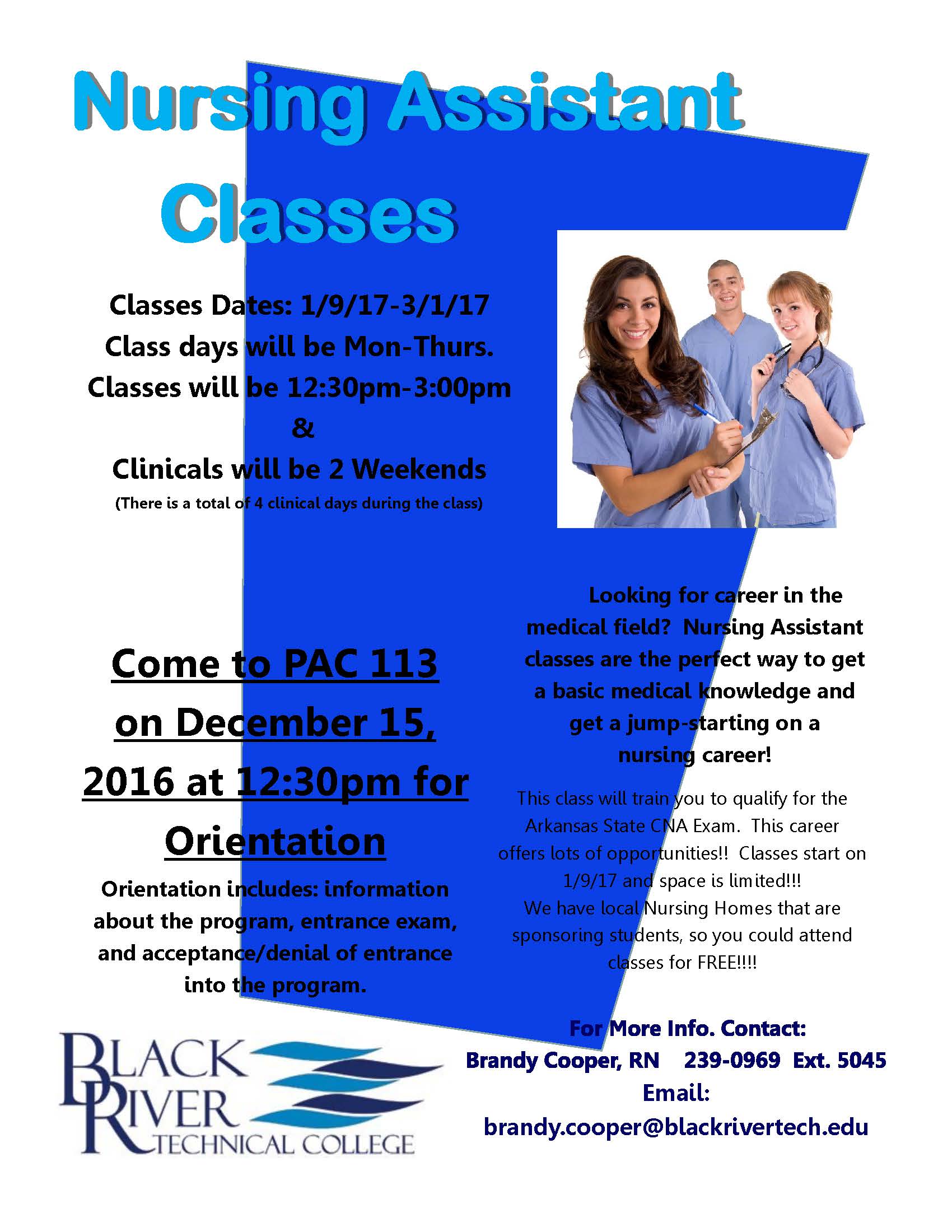 Poster For CNA Classes Paragould January | Black River Technical College